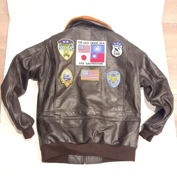 Men's Cockpit Aviator Leather Bomber Jacket with Patches L Large - Picture 5 of 16